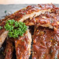 Grilled Barbecued Pork Baby Back Ribs, close up